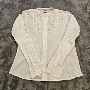 Gap Womens White Dobby Stripe Ruffle Bib Button Down Blouse Top Size M Cotton